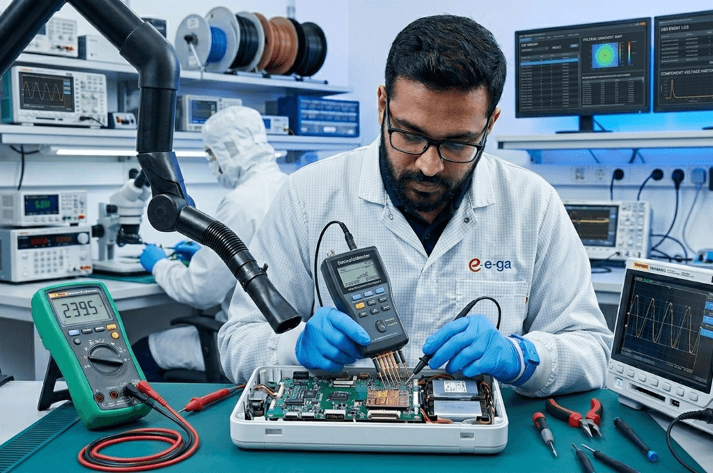 Electronics technician working in an ESD-controlled environment